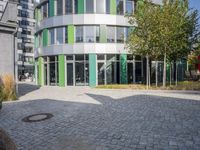 large boulders sit in front of a building with many glass doors and windows on one side