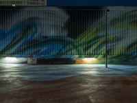 an empty concrete area with large painted murals at night, along with building facades and palm trees