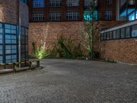 some dark blue windows in an industrial building with no one on the street to the right