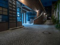 some dark blue windows in an industrial building with no one on the street to the right