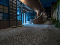 some dark blue windows in an industrial building with no one on the street to the right