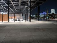 a large concrete covered outdoor walkway in the night time with city skylines behind it