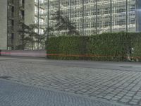 a person is skateboarding down a paved area next to tall buildings with lights in the sky