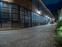 some dark blue windows in an industrial building with no one on the street to the right