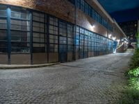 some dark blue windows in an industrial building with no one on the street to the right