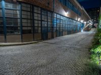 some dark blue windows in an industrial building with no one on the street to the right