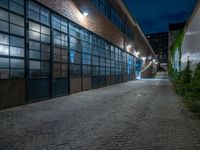 some dark blue windows in an industrial building with no one on the street to the right