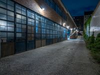 some dark blue windows in an industrial building with no one on the street to the right