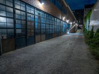 some dark blue windows in an industrial building with no one on the street to the right