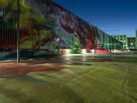 an empty parking lot in front of a building with brightly painted walls and stairs on it