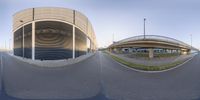 three different photographs of an exterior and skyway with no traffic in the picture including one with a ramp and a car park area