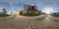 an artistic photo of a park on the ground with buildings in the background and a sky over