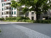 the road is cobble stone between two buildings and a sidewalk in front of a tree and bushes