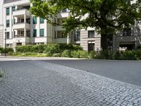 the road is cobble stone between two buildings and a sidewalk in front of a tree and bushes