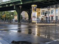 the view under the highway, on a rainy day of the city street and on the streets with buildings and bicycles