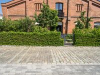 the brick building is surrounded by trees and bushes along the driveway are green plants that are planted on either side