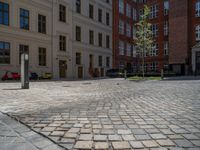 a green shrub near a gray building and a brick walkway with a bicycle rack in it