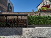 a green shrub near a gray building and a brick walkway with a bicycle rack in it