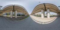 three photos of one has two columns and is on the other side of it is a street that has grass, gravel, bushes, bushes and bushes and a bridge in front of cement