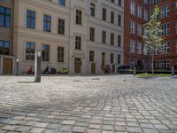 a green shrub near a gray building and a brick walkway with a bicycle rack in it