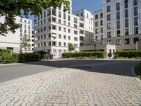 a wide paved street surrounded by tall white building facades surrounded by greenery and bushes