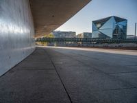 a skateboarder riding on a cement ramp next to a city street under a bridge