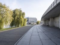 a couple walking down the path by the river with weeping trees near by and office buildings