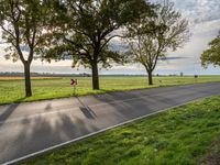 a paved road with a grassy field next to trees and a path through it near the fields