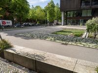 the sidewalk next to the tree is lined with plants and grass, and it's paving on a brick road