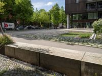 the sidewalk next to the tree is lined with plants and grass, and it's paving on a brick road