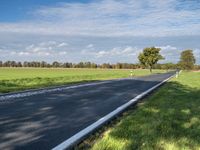 a road with an empty roadway surrounded by green grass and trees under a clear blue sky