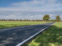 a road with an empty roadway surrounded by green grass and trees under a clear blue sky