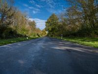 a view of a straight road with trees on both sides and a blue sky behind