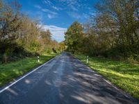 a view of a straight road with trees on both sides and a blue sky behind