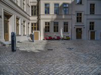 an empty parking lot with plants in the ground and on the side of the building, there is an enclosed area and windows