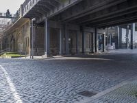 the sidewalk in the middle of a city is empty in some places that may be closed