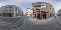 a view of the street from a fish eye lens in a 360 - angle shot