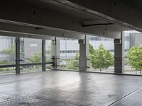 an empty space with floor to ceiling windows that have plants on it and trees in the background