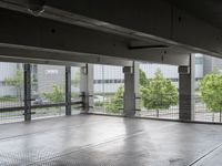 an empty space with floor to ceiling windows that have plants on it and trees in the background