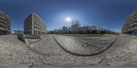 a fisheye lens of buildings around in the city in a circular design, with focus on the street