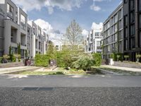 a residential complex with several apartments in the background and a couple of trees in the middle