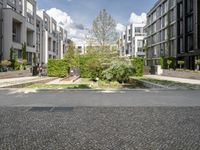 a residential complex with several apartments in the background and a couple of trees in the middle