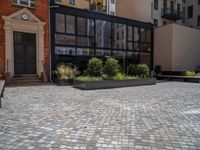 several plants sit in decorative concrete planters along the sidewalk of a building that is very modern