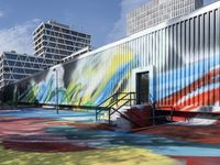 a multicolored painting on a steel container wall next to stairs and street lights