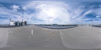 a circular fish - eye lens lens shot of a sky with clouds and buildings in the background