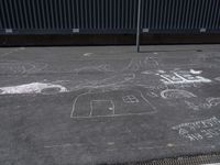 a group of chalk drawings on pavement near a metal fence area where a person is walking with another person