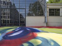 a person sitting down on a colorful floor next to an air ball field in front of a building