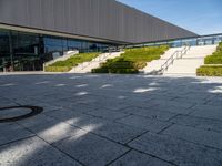 steps leading up to a building with large windows on each side and landscaping around them