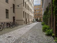 an empty brick road between buildings with bicycles parked on it's sides between the blocks