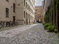 an empty brick road between buildings with bicycles parked on it's sides between the blocks